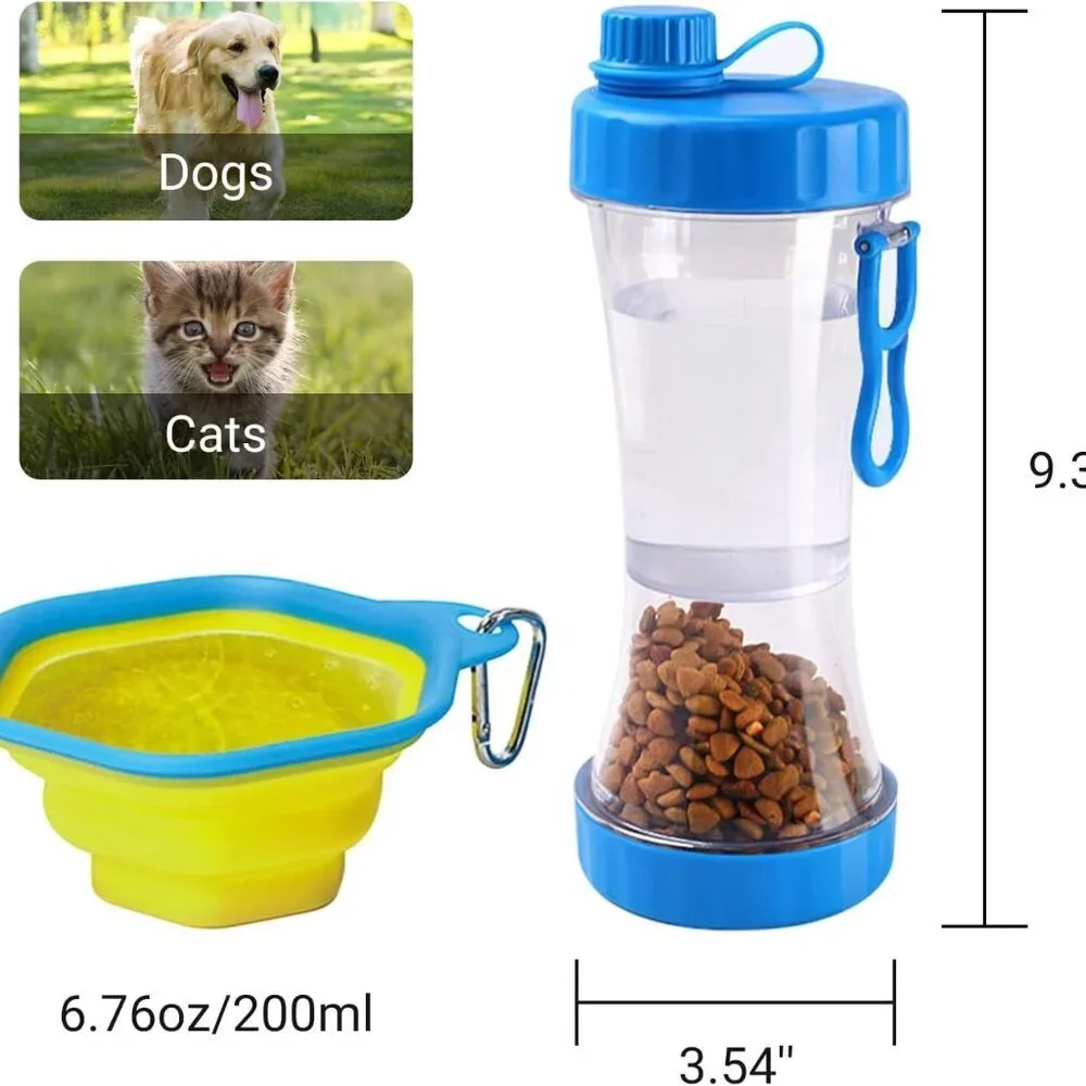 Dog Water Bottle with Food Container • 13.5 oz • Leakproof Travel Dispenser Blue